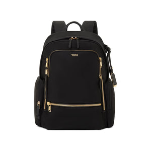 Tumi Voyageur Celina backpack with multiple compartments, black fabric, and adjustable shoulder straps, designed for everyday use.