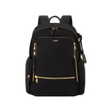 Tumi Voyageur Celina backpack with multiple compartments, black fabric, and adjustable shoulder straps, designed for everyday use.