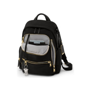 Tumi Voyageur Celina Medium Backpack in black leather with adjustable straps and multiple compartments.