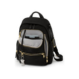 Tumi Voyageur Celina Medium Backpack in black leather with adjustable straps and multiple compartments.
