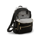 Tumi Voyageur Celina Medium Backpack in gray fabric with leather accents, featuring multiple compartments and adjustable straps.