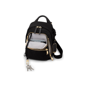 Tumi Voyageur Celina Mini Backpack in black with adjustable straps and front zip pocket, stylish and compact for everyday use.