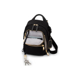 Tumi Voyageur Celina Mini Backpack in black with adjustable straps and front zip pocket, stylish and compact for everyday use.