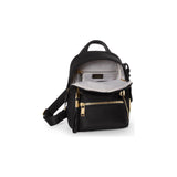 Tumi Voyageur Celina Mini Backpack in black fabric with adjustable shoulder straps and front zip pocket.