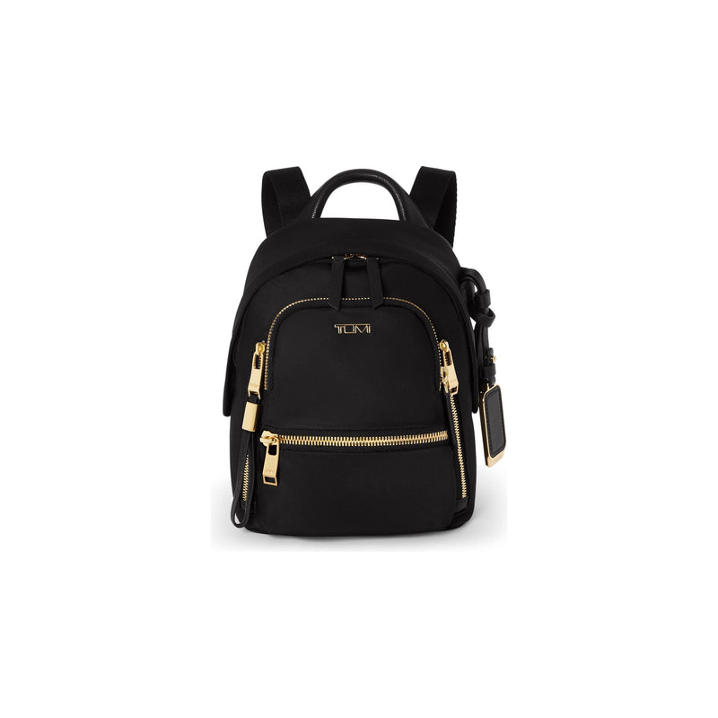 Tumi Voyageur Celina Mini Backpack in black with adjustable straps and front zip pocket, stylish and compact for daily use.