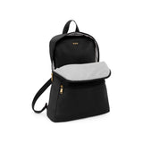 Black Tumi Voyageur Just in Case backpack with gold accents, showing its compact, versatile design and durable material.