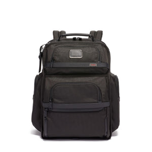 Tumi Alpha Brief Pack backpack in black with multiple compartments and padded shoulder straps, designed for professional use.