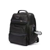 Tumi Alpha Brief Pack backpack with multiple compartments and padded shoulder straps, designed for professional travel and work.
