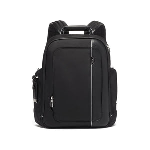 Tumi Arrivé Larson Backpack in black with multiple compartments and padded straps, designed for stylish everyday use.