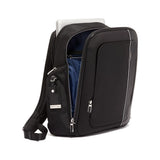 Tumi Arrivé Larson backpack in sleek design with multiple compartments, black nylon material, and adjustable straps.