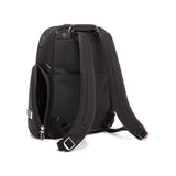 Tumi Arrivé Larson Backpack showing sleek black design with multiple compartments and padded shoulder straps.