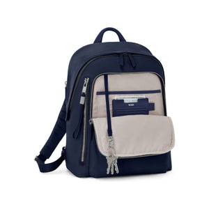 Tumi Voyageur Halsey Backpack in sleek black with multiple compartments and adjustable shoulder straps, designed for travel and daily use.