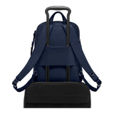 Tumi Voyageur Halsey backpack in black with multiple compartments and padded shoulder straps, designed for travel and everyday use.