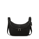 Black Tumi Voyageur Alabama Crossbody Sling with gold accents, compact design, and adjustable strap for urban travel and everyday use.