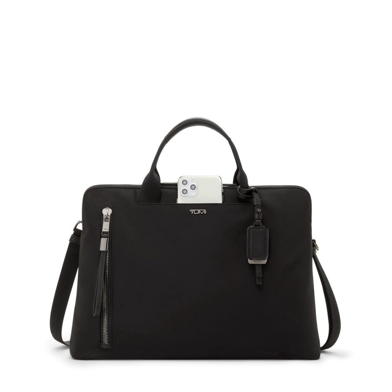 Black Tumi Voyageur Benin laptop carrier with gold accents, featuring multiple compartments and padded shoulder strap.