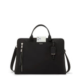 Black Tumi Voyageur Benin laptop carrier with gold accents, featuring multiple compartments and padded shoulder strap.