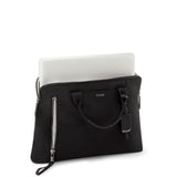 Black Tumi Voyageur Benin laptop carrier with gold accents, featuring a sleek design and adjustable shoulder strap.