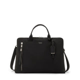 Black Tumi Voyageur Benin laptop carrier with gold accents, featuring multiple compartments and padded shoulder strap for carrying.