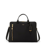 Black Tumi Voyageur Benin laptop carrier with gold accents, featuring multiple compartments and padded shoulder strap.
