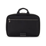 Black Tumi Voyageur Madeline Cosmetic bag with gold accents, featuring multiple compartments and a sleek, compact design.