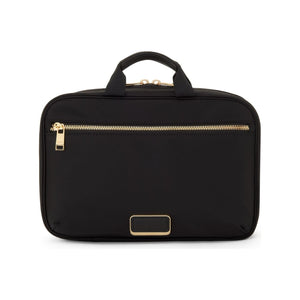 Black Tumi Voyageur Madeline Cosmetic bag with gold accents, featuring multiple compartments and a sleek, compact design.