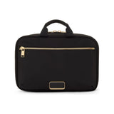 Black Tumi Voyageur Madeline Cosmetic bag with gold accents, featuring multiple compartments and a sleek, compact design.