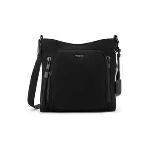 Tumi Voyageur Tyler Crossbody bag in black with adjustable strap and multiple compartments, designed for stylish everyday use.