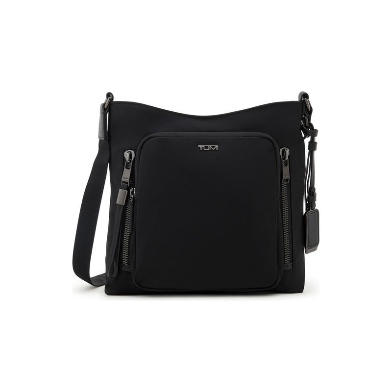 Tumi Voyageur Tyler Crossbody bag in black with adjustable strap and multiple compartments, designed for stylish everyday use.