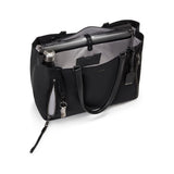 Tumi Voyageur Valetta large tote bag in black, showing spacious interior and sturdy handles on a plain background.