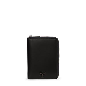 Black Tumi Belden zip-around passport case with gunmetal accents, featuring multiple compartments for travel essentials.