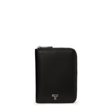 Black Tumi Belden zip-around passport case with gunmetal accents, featuring multiple compartments for travel essentials.