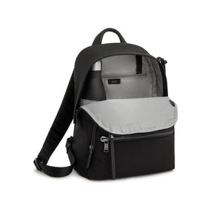 Tumi Voyageur Denver Backpack in black with multiple compartments and adjustable straps, suitable for travel and daily use.