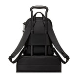 Tumi Voyageur Denver backpack in black with multiple compartments and padded shoulder straps, designed for travel and daily use.