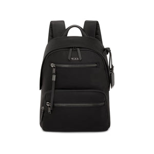 Tumi Voyageur Denver Backpack in sleek fabric with multiple compartments, adjustable straps, and Tumi branding on the front.