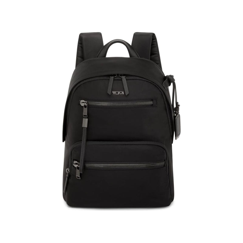Tumi Voyageur Denver Backpack in sleek fabric with multiple compartments, adjustable straps, and Tumi branding on the front.