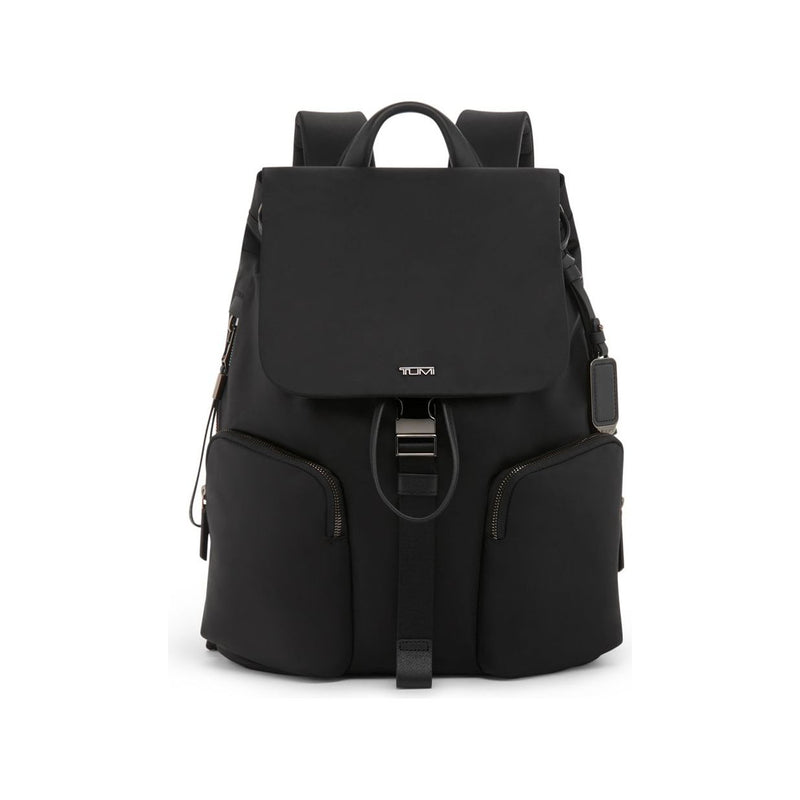 Tumi Voyageur Ramsay backpack in black with adjustable straps, front zip pocket, and top handle for everyday carry.