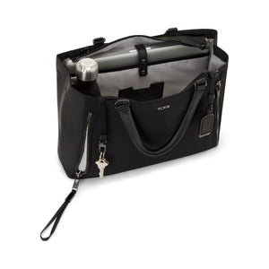 Tumi Voyageur Valetta medium tote bag in sleek fabric with dual top handles and zip closure, stylish and functional for everyday use.