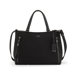 Tumi Voyageur Valetta Medium Tote in black leather with silver hardware, showing its spacious interior and stylish design.