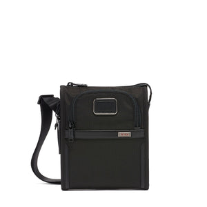 Black Tumi Alpha Pocket Small Bag with adjustable strap and multiple compartments for convenient organization.
