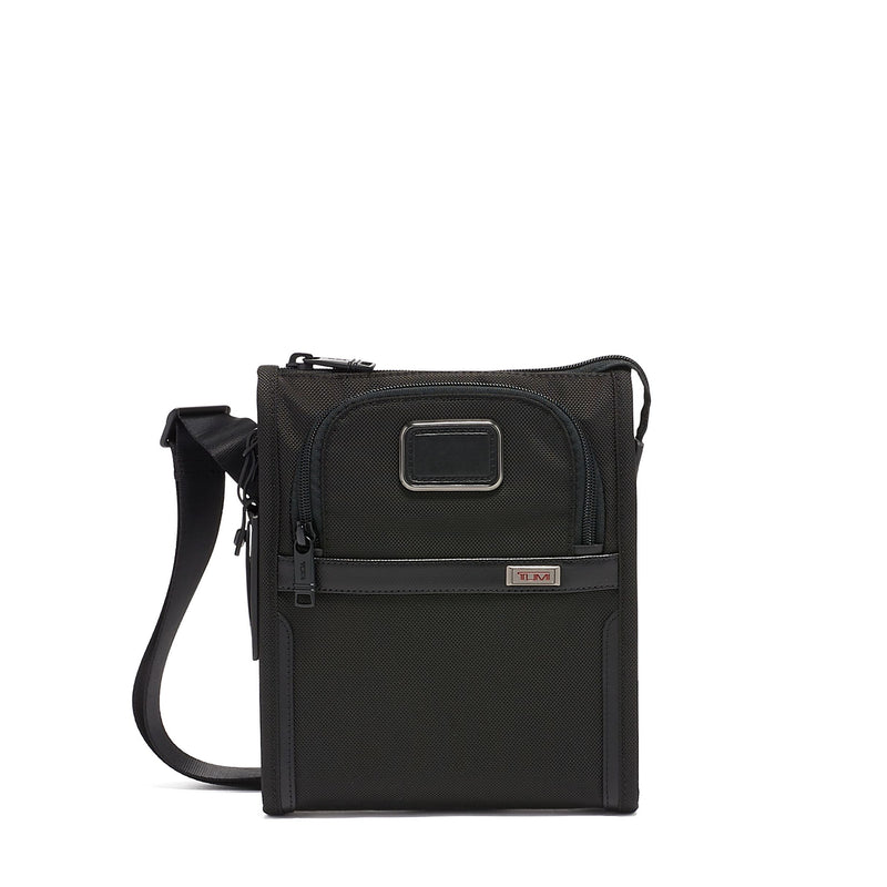 Black Tumi Alpha Pocket Small Bag with adjustable strap and multiple compartments for convenient organization.