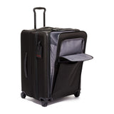 Black Tumi Alpha Short Trip expandable 4-wheeled packing case with black hardware, designed for easy travel and durability.