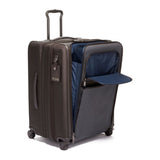 Black Tumi Alpha Short Trip expandable 4-wheeled packing case with black hardware, designed for versatile travel.