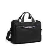 Tumi Organizer Briefcase in black with multiple compartments and handles, designed for professional organization and travel.