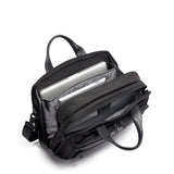 Tumi Organizer Briefcase with multiple compartments, black exterior, sleek design, and durable handle for professional use.