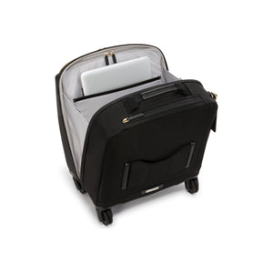 Black Tumi Voyageur Leger compact carry-on luggage with sleek design and gold accents, suitable for travel and easy to maneuver.