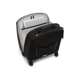 Black Tumi Voyageur Leger compact carry-on luggage with sleek design and gold accents, suitable for travel and easy to maneuver.