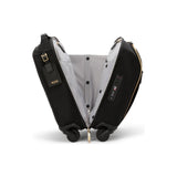 Black Tumi Voyageur Leger compact carry-on luggage with gold accents, lightweight and durable for easy travel.