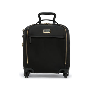 Black Tumi Voyageur Leger Compact Carry-On luggage with gold accents, lightweight and durable for easy travel.