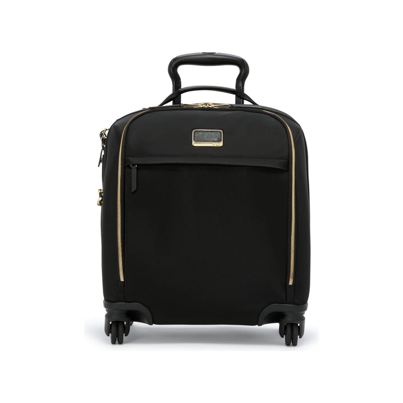 Black Tumi Voyageur Leger Compact Carry-On luggage with gold accents, lightweight and durable for easy travel.
