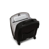 Black Tumi Voyageur lightweight compact carry-on luggage with gold accents, featuring a smooth surface and sturdy handle.